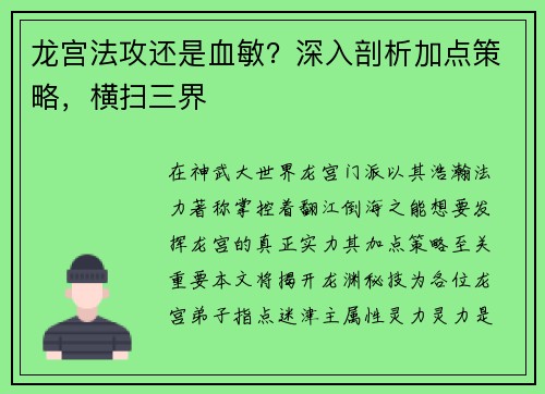 龙宫法攻还是血敏？深入剖析加点策略，横扫三界